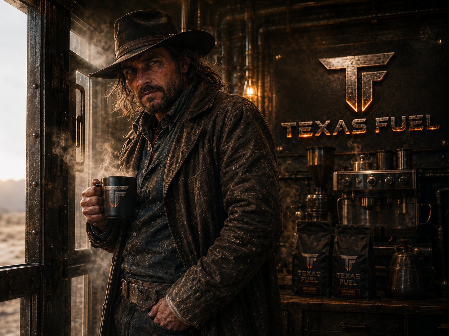 A Texas Fuel coffee mug under the TEXAS FUEL workshop sign — the brand made tactile.