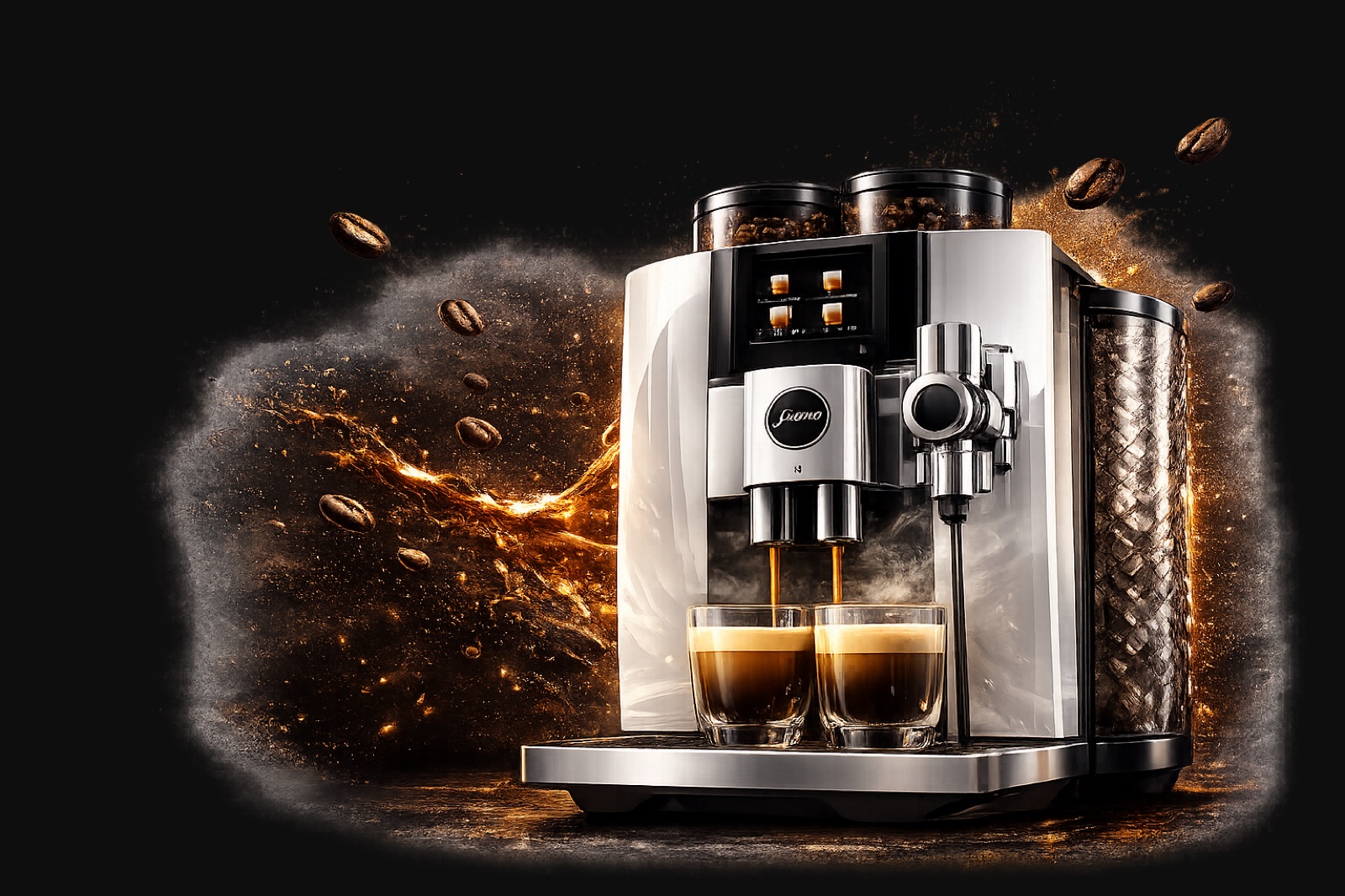 Jura coffee machine — automated espresso on a dark backdrop.