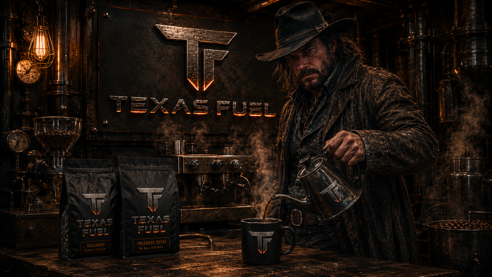 Hands pouring hot coffee from a kettle into a Texas Fuel mug at the workbench, bags of Texas Fuel coffee behind.