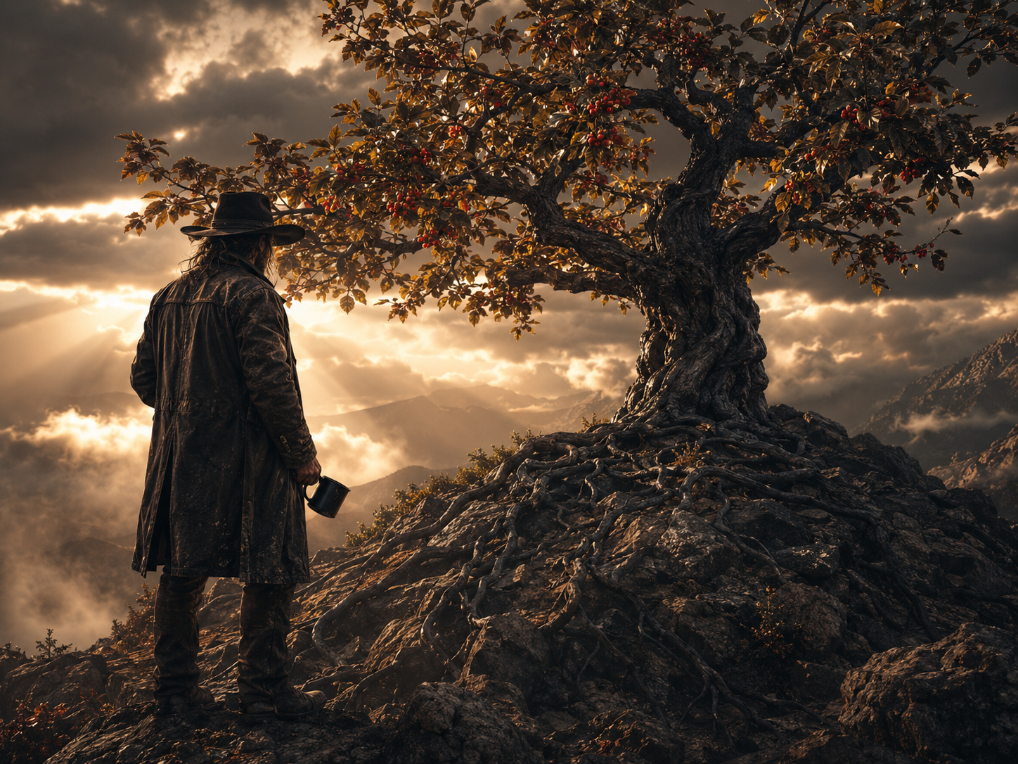 Hunter beneath the coffee tree at golden hour — mountain ridge in the distance.