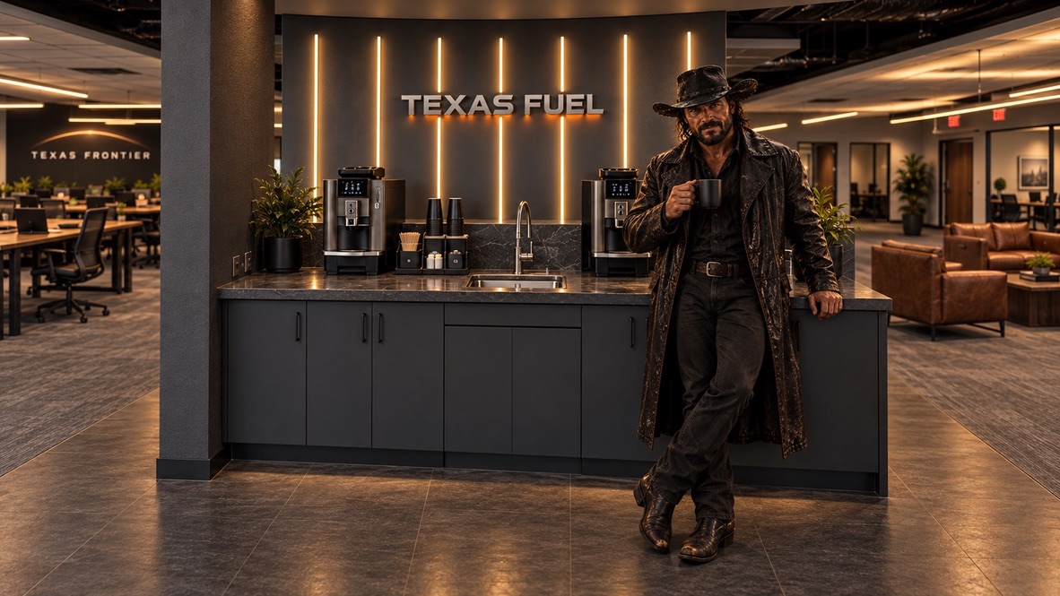 The Texas Fuel coffee station — two espresso machines under the lit TEXAS FUEL sign, a cowboy leaning on the counter with a mug.