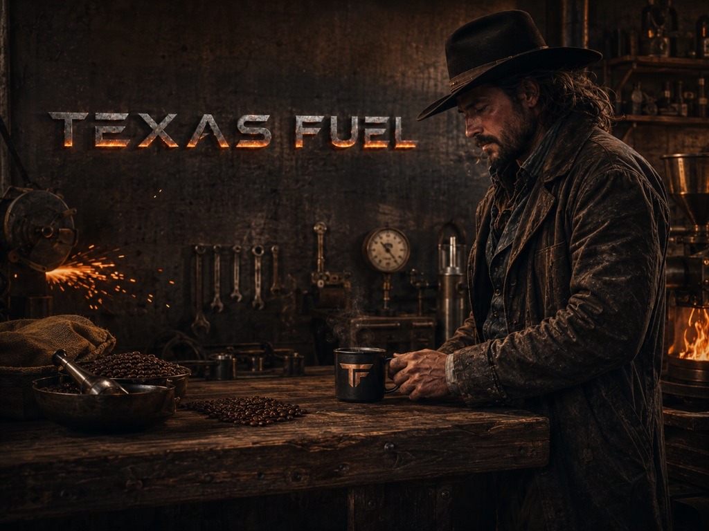 The hunter at the workshop bench with a TF mug, beans in the bowl, TEXAS FUEL glowing on the wall.