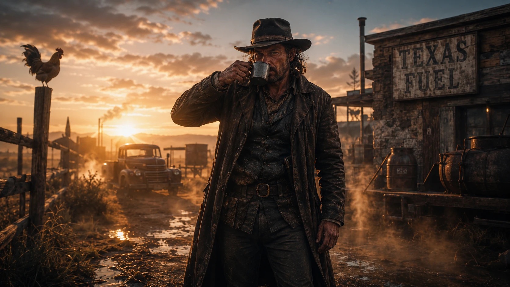 Sunrise over a Texas yard — a man in a wide-brim hat takes the first sip of the morning outside a Texas Fuel building.