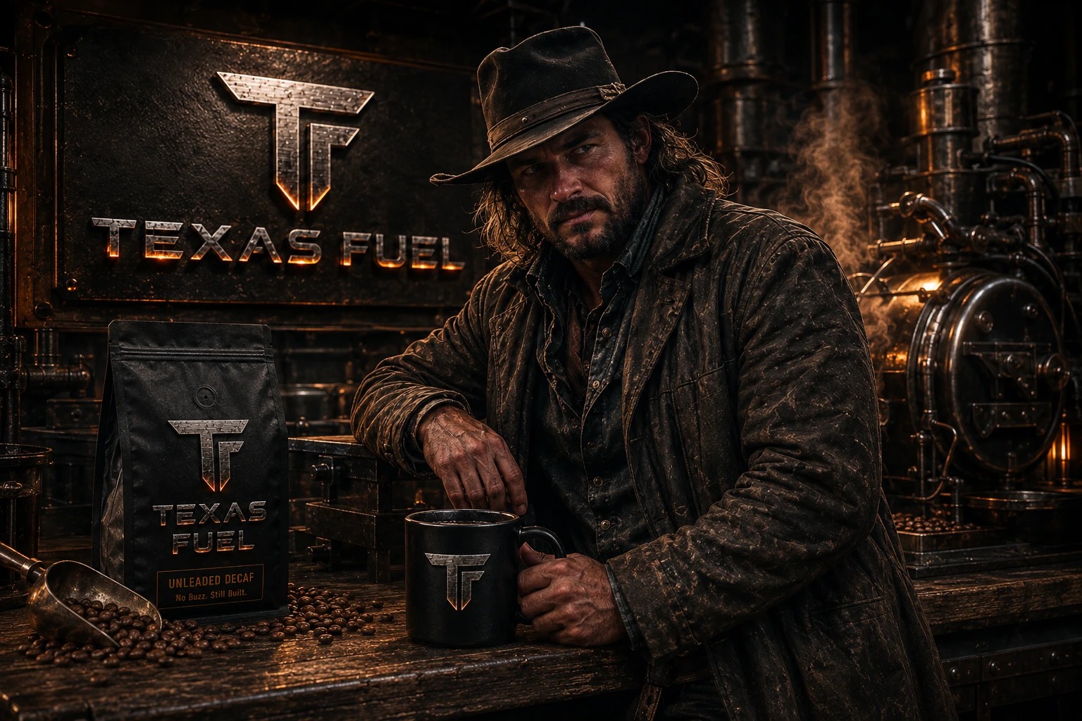 Cowboy at the workbench with a TF mug — beans in a brass bowl, sparks flying, TEXAS FUEL across the wall.