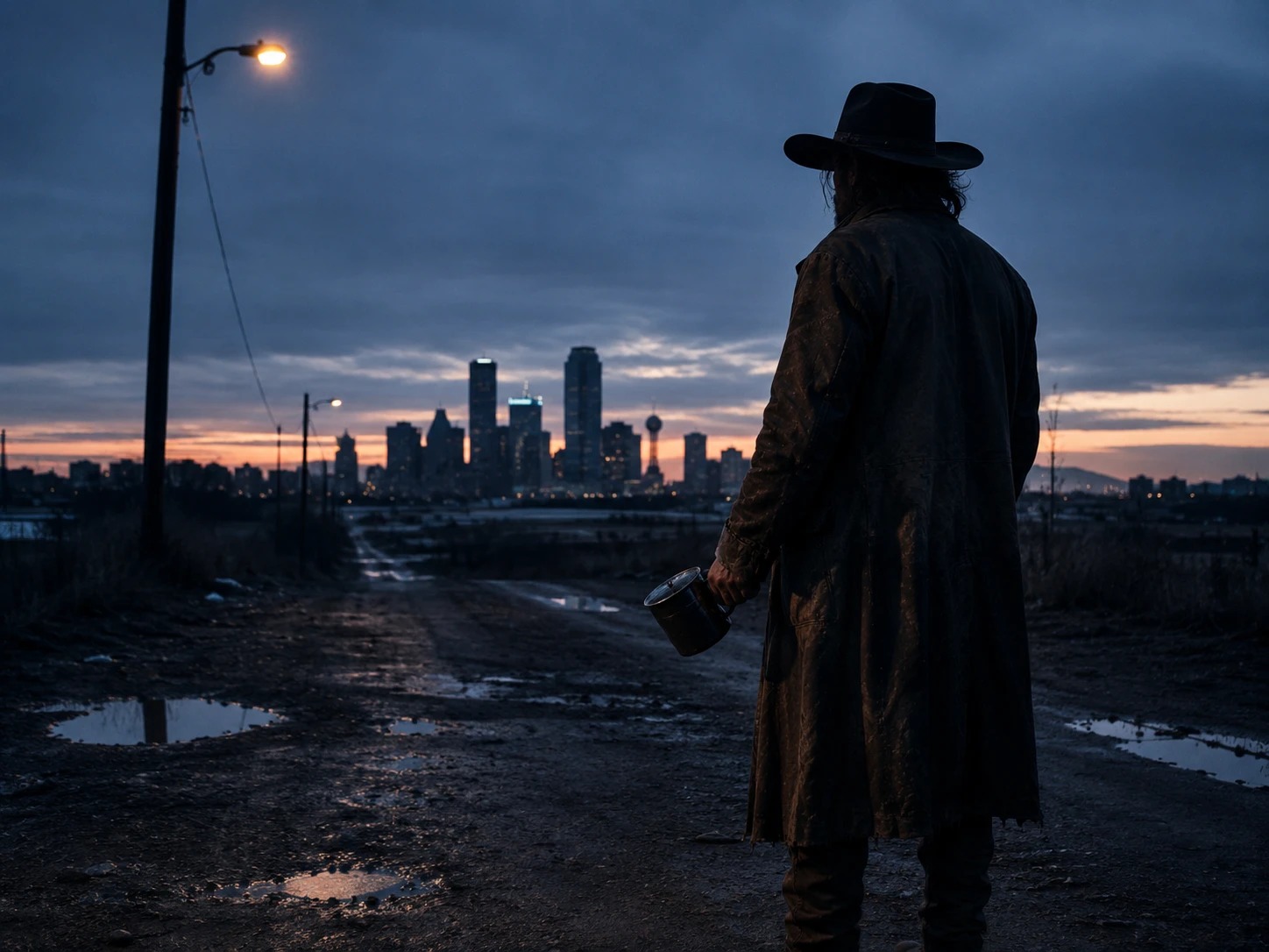 Dusk over the Dallas skyline — a figure in a long coat holds a mug at the end of the day.