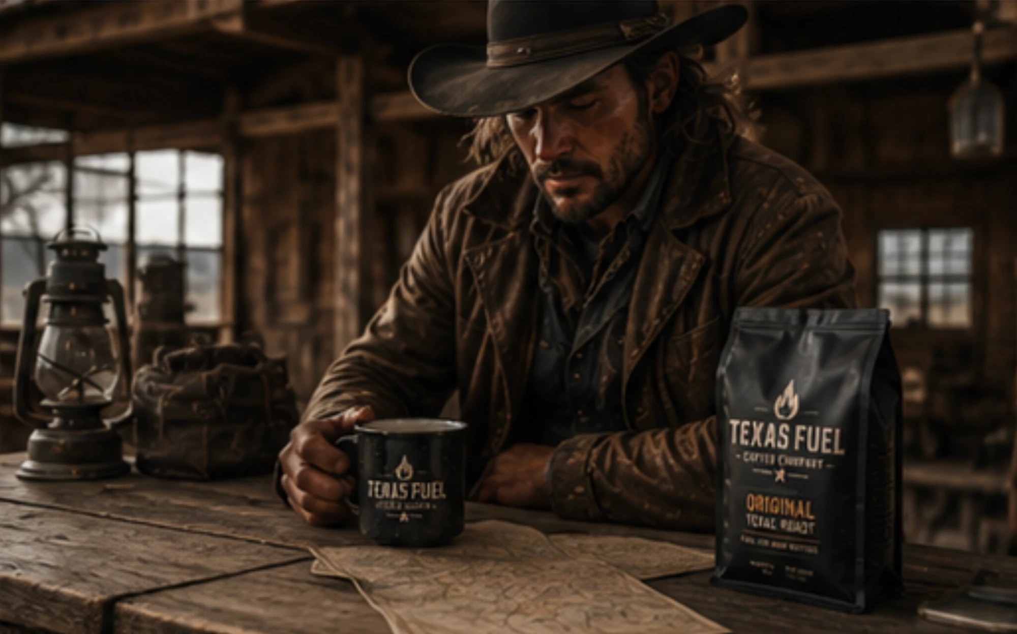 Texas Fuel coffee, the hunter, and the bag on the table.