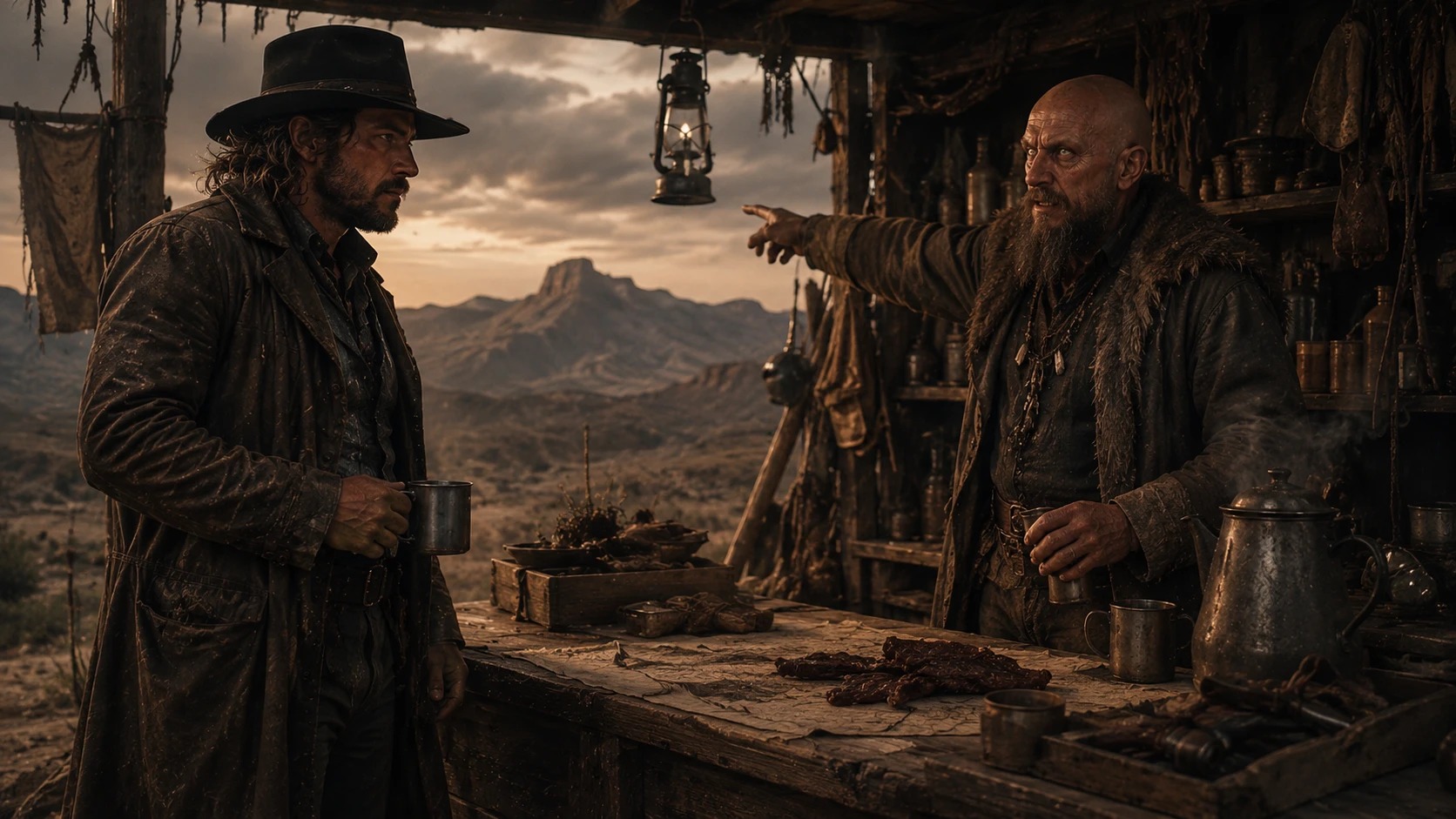 Two men talking across a weathered wooden counter, tin mugs in hand, mountains behind them at dusk.