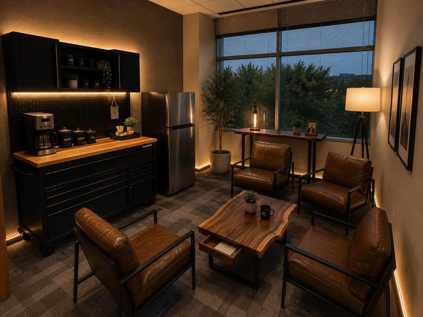 Station No. 001 — leather chairs, wood-top counter with the coffee machine, evening light through the window.