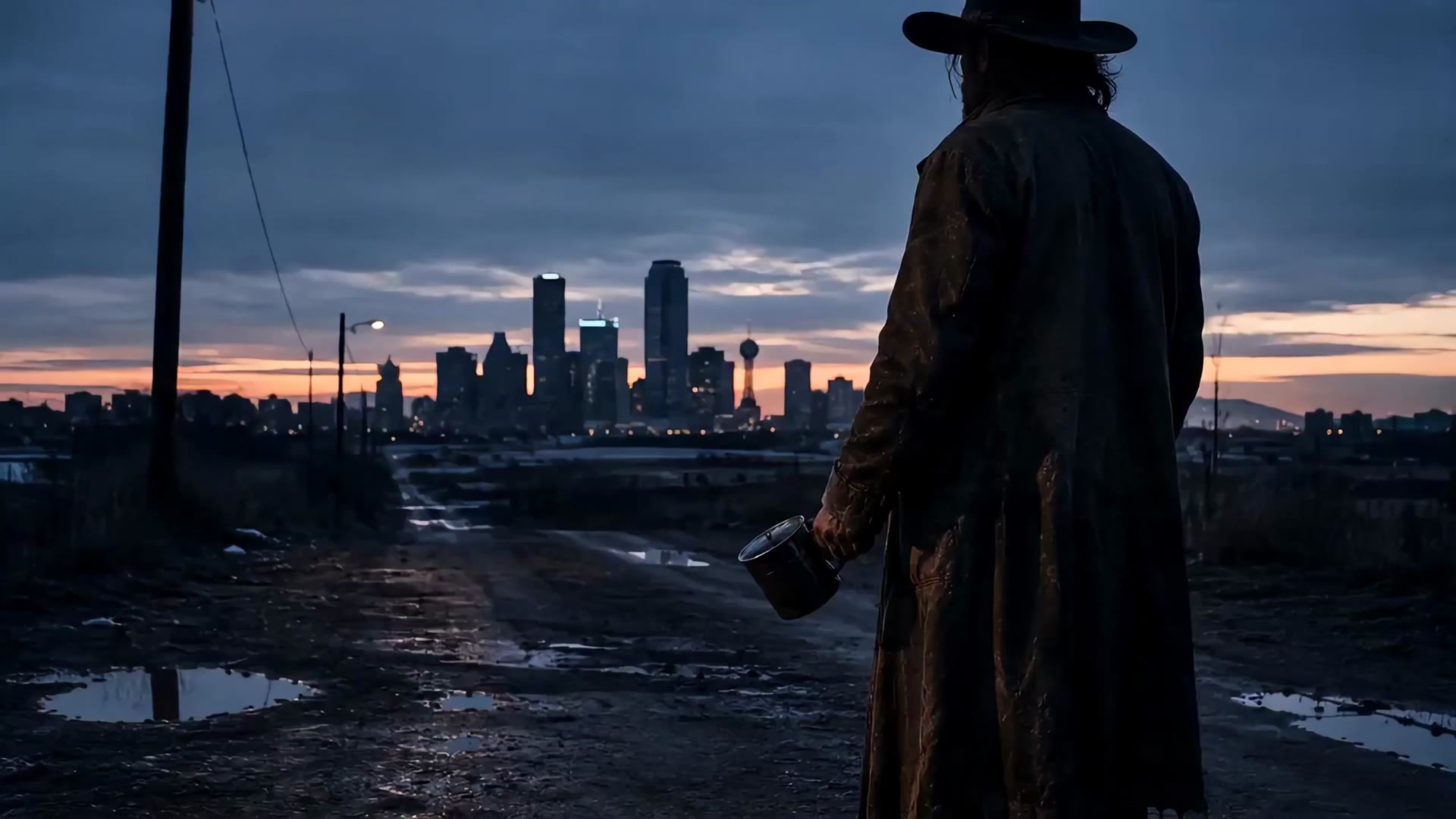 Opening frame of the Texas Fuel origin film — a coffee hunter at sunrise outside Dallas.